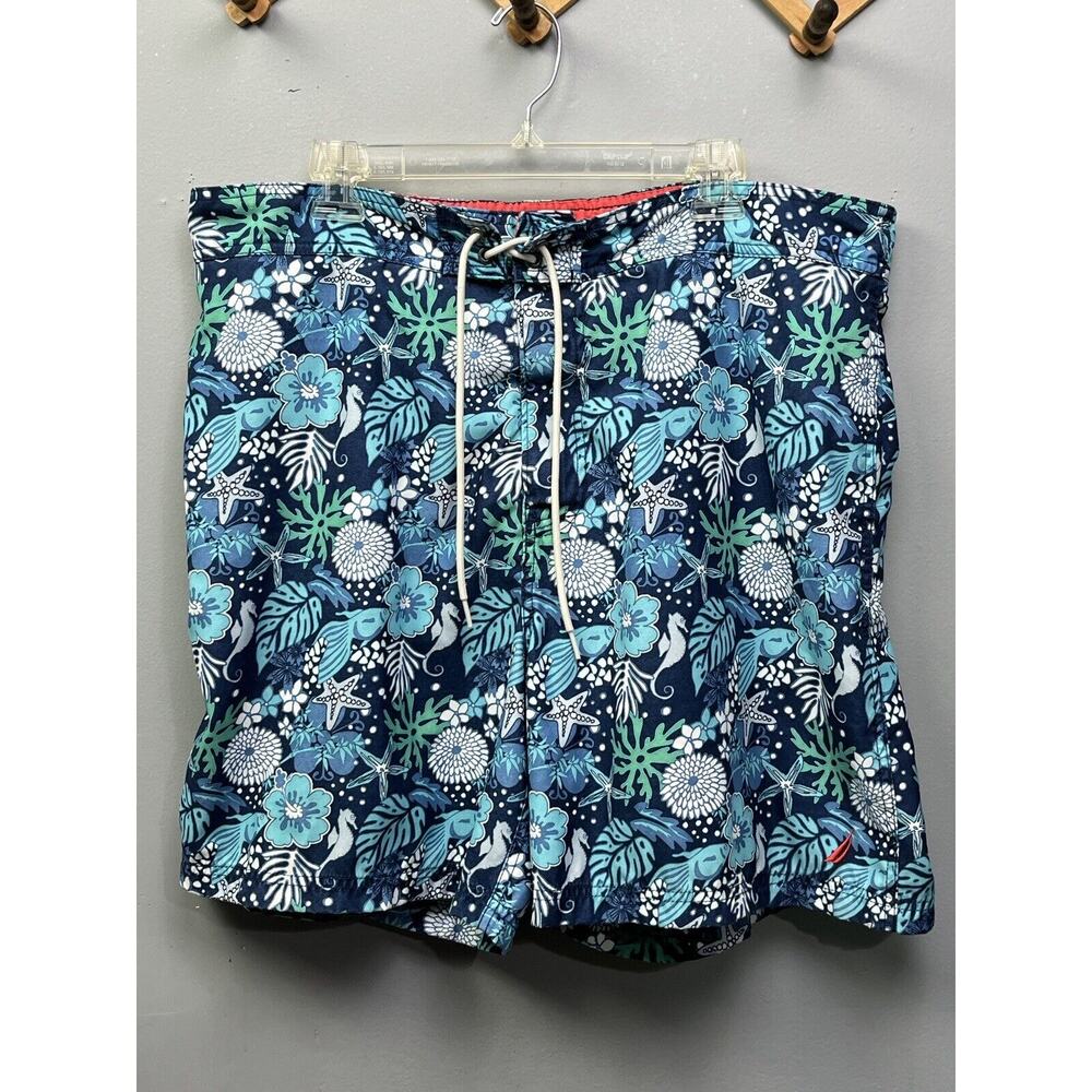 Nautica Floral Beta fish swim trunks shorts Mens size XXL Blue‎ Starfish Lined